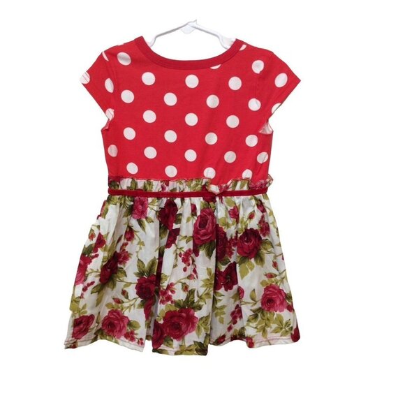 MINNIE Mouse Red Floral Short Sleeve Dress Polka Dot 2T Red White Polyester - Picture 2 of 2